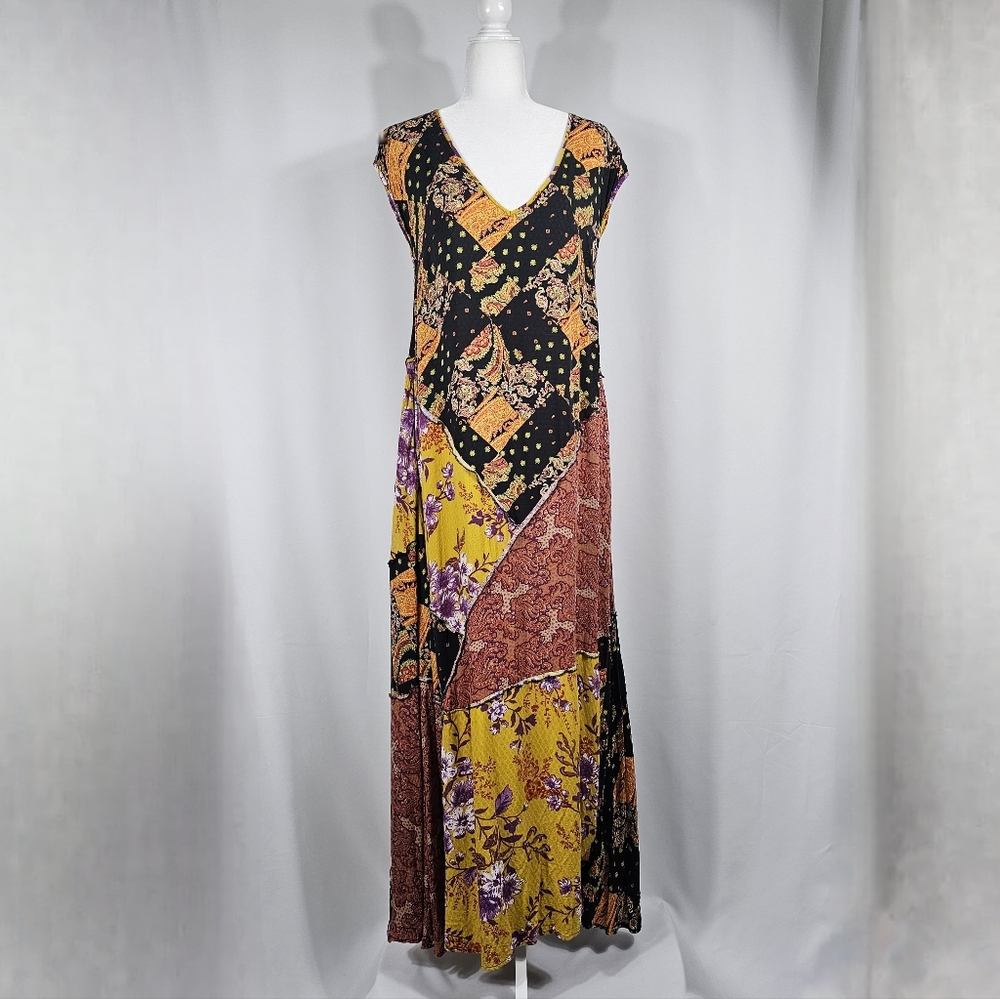 Free People Desert Flower Patched Maxi Dress XS Multicolor V-neck Flowy Boho - Picture 3 of 10